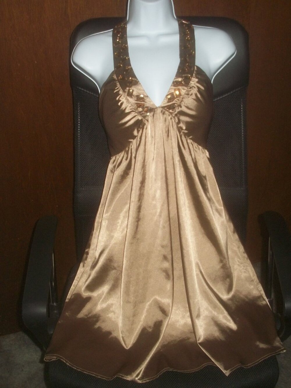 womens golden embellished dress.halter neck.satin like,soft.size large